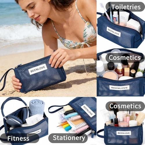 Mesh Travel Toiletry Bag,Large Capacity 2.7L Portable Makeup Bag with Handle for Travel,Gym,Beach & Daily Storage(Blue) — view 5