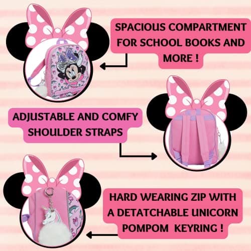 Disney Minnie Mouse Girls Backpack with Glitter Sequin Bow Kids School Toddler Nursery Lunch Bag Junior Rucksack Book Carry On with Unicorn Pom — view 4