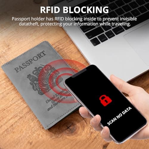 Cinocratic Passport Holder for Travel Accessories,RFID Blocking PU Leather Passport Cover Wallet Card Case for Men and Women (Grey) — view 4