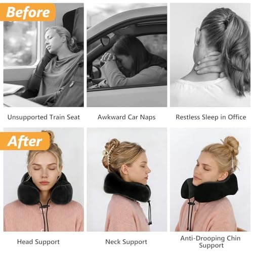 Memory Foam Comfort Travel Pillow for Airplane & Car，Adjustable Neck Pillow, Neck and Head Support Cushion with Ear Plugs, Eye Mask, Carry Bag, Compact Travel Essentials Gift for Adults (Black) — view 5