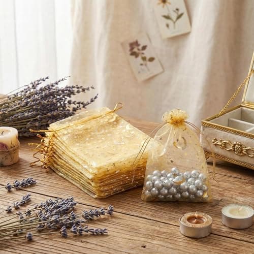 Hopzab 30 PCS Organza Bags with Drawstring Mesh Jewellery Bags Small Gift Pouches,Star and Moon Pattern,for DIY Gift Wrapping Storage,Baby Shower Wedding Birthday Party Festival(Gold) — view 5