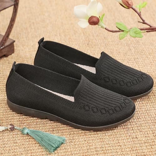 Women's Lightweight Knitted Loafers Casual Flat Shoes Orthopedic Comfortable Boat Shoes Flat Bottomed Breathable Shoes Retro Walking Flats Black — view 5
