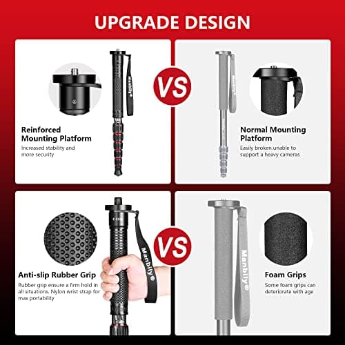 Camera Monopod Walking Stick Manbily Monopods for Cameras Stand Carbon Fiber Portable Compact Travel Monopod Unipod Stick with handle 6 Sections 61inches 15.4lbs for DSLR Video Camcorder Stand (Red) — view 2