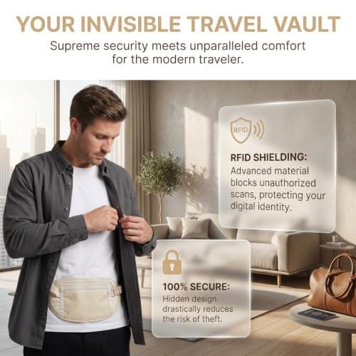 Kemay Money Belt for Travel Hidden Passport Holder, Ultra-Thin Travel Wallet Under Clothes for Men and Women, Waterproof Waist Pack for Cash, Credit Cards and Phone Khaki — view 4