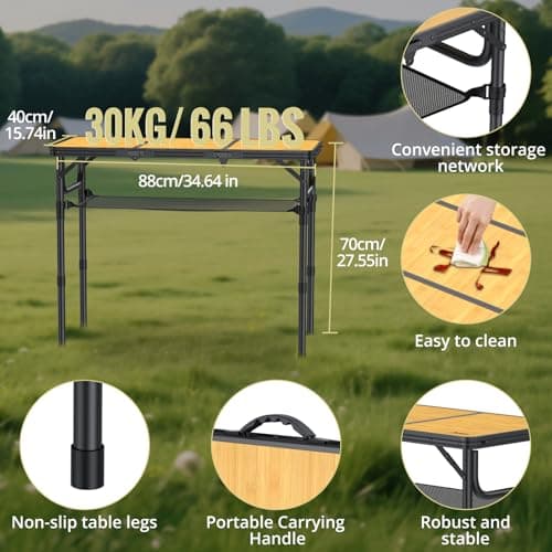 Anbte 3ft Camping Table Foldable with Storage Net and Bag, 3 Adjustable Heights High 27.5" Aluminum Camping Table, Portable, for Outdoor Indoor Backyard Bbq Cooking Party Picnic Beach, Yellow — view 5