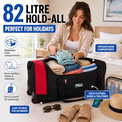 Large Holdall with Wheels, 82L Wheeled Duffle Bag, Black Rolling Travel Bag, Soft Luggage with Zipped Pockets for Holidays, Weekend Trips, Sports, Gym & Overnight Travel — view 2