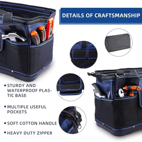 ROCKCOON Tool Bag 16'', Multi-pocket Tool Organizer with Water Proof Rubber Base, Heavy Duty Tote with Shoulder Strap for Tool Storage, Black & Blue — view 3