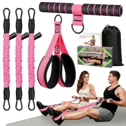 Pedal Resistance Band with Handle, 3-Tube Exercise Band for Women, Pink