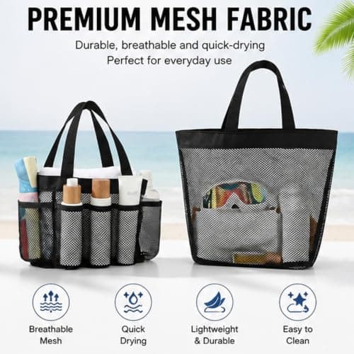 GASGYAI 2 Pack Mesh Beach Bags, Large & Medium Sand-Free Tote Bags with Multiple Pockets, Quick-Dry Mesh Shoulder Bags for Beach, Pool, Shower, Gym, Camping and Travel — view 3