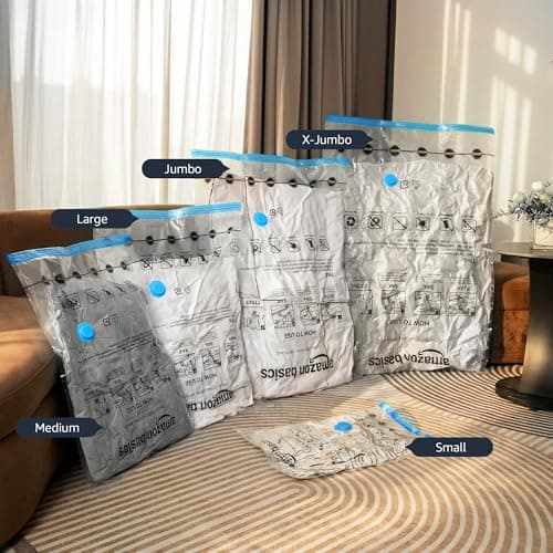 Amazon Basics Vacuum Compression Zipper Storage Bags with Airtight Valve and Hand Pump, 15-Pack, 2x X-Jumbo, 5x Jumbo, 4x (Large, Medium), 15 count (Pack of 1), Multiple, Clear — view 6