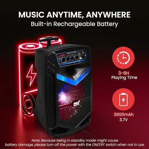 Pyle, Portable PA System, Active Speakers, Powered Speakers –400W Rechargeable Outdoor Bluetooth Speaker- w/ 18” Subwoofer 1” Tweeter, Microphone and Speaker, PartyBox Lights, Recording, USB/SD/Radio — view 5