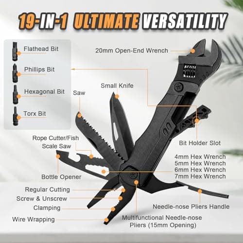 Hanboost Multitool Wrench 19 in 1 Multipurpose Camping Gear Pocket Size Adjustable Wrench with Pliers, Wire Cutter, Cutting Saw, Bottle Opener for Maintenance, Camping and DIY,Gift for Him — view 3