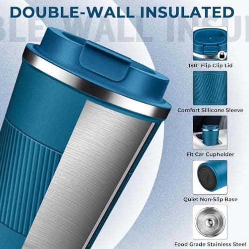 AidShunn Travel Mugs, 380ml Insulated Coffee Cup with Leakproof Lid - Reusable Double Walled Coffee Mug, Stainless Steel Thermal Cup for Hot Cold Drinks, Water and Tea (Blue) — view 3