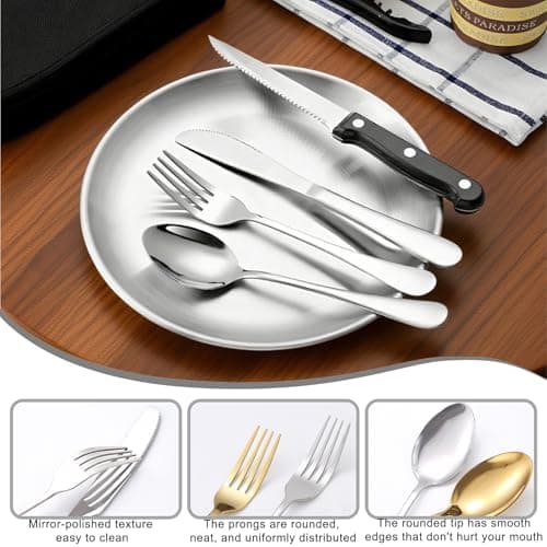 20Pcs Camping Cutlery Set for 4 Person,Portable Tableware Set for Hiking,Silver Food-Grade Stainless Steel,Picnic Utensils Set with Spoons Forks Knife Clip Plate,Case with Zipper Pouch — view 3