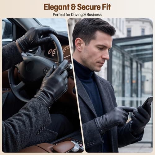 Men's Sheepskin Leather Gloves for Driving, Warm Fleece Lined Touchscreen — view 6