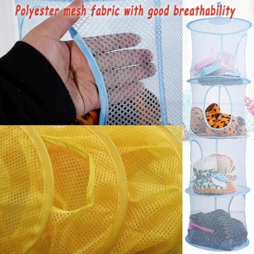 2 Pcs Hanging Mesh Space Saver, 4 Compartment Foldable Hanging Toy Storage Organizer Large Teddy Bear Storage Net Bag Basket for Kids Room Bathroom Balcony (Yellow&Blue) — view 4