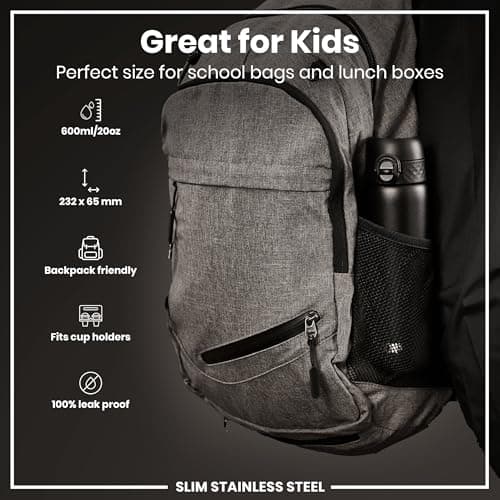 Ion8 Lightweight Steel Water Bottle, 600 ml/20 oz, Non-Insulated, Leak Proof, Easy to Open, Secure Lock, Dishwasher Safe, Flip Cover, Fits Cup Holders, Carry Handle, Metal Water Bottle, Black — view 2