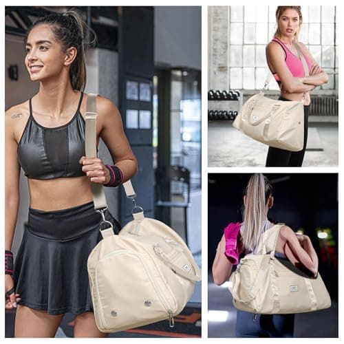 FIORETTO Womens Gym Sports Bag Travel Bag with Shoes Compartment & Wet Pocket, Weekend Overnight Duffle Hospital Bag Carry On Bag Holdall for Travel Swimming Beige — view 6