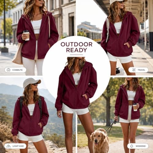 duxyoz Lightweight Hoodies Women Waterproof Running Jacket Lightweight Zip Up Rain Jacket Rain Coats for Women Pac A Mac Raincoat Outdoor Travel Active Jackets for Hiking Running Cycling Walking Wine — view 2