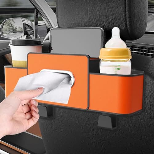 Car Back Seat Organizer, Headrest Storage Box with Cup Holder and Tissue Box, Multifunctional Organizer with 2 Hooks for Car Travel Accessories (Orange) — view 3