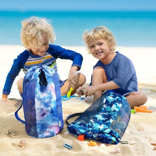 WAWSAM Shark Large Mesh Beach Bag for Kids, Kids Drawstring Beach Backpack for Boys, Tote Mesh Beach Toys Bag, Swim Pool Toys Balls Storage Bags Gym Bag, Beach Toy Shells Organizer — view 5