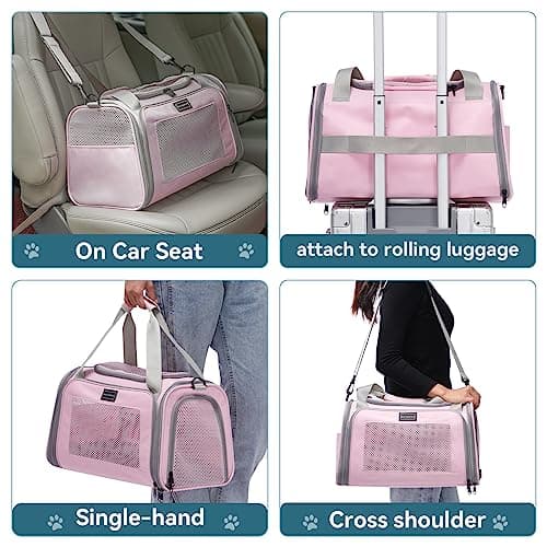 PETSFIT Soft Cat Carrier,Pink Pet Carrier with Extendable Fleece Mat, Puppy Carrier Airline Approved with Safety Leash for Travel Up to 5KG (44 * 26.5 * 27CM, Pink) — view 4