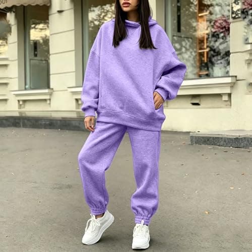 Ladies Tracksuit Sets Lavender Cotton Fleece Two Piece Outfit Women Drawstring Hooded Co Ord Sets Elastic Ankle Cuff Jogger Pants Relaxed Lounge Sets for Gym Casual Daily Wear Size M — view 2