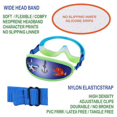 RUIGAO Kids Swim Goggles Age 4-7, Toddler Goggles No Tangle, Child Swimming Mask/Bungee Strap/Soft Band (1PK Toddler Mask - Blue Shark) — view 5
