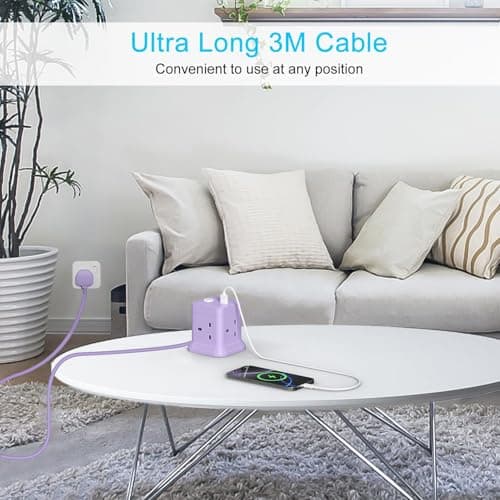 Cube Extension Lead with USB Slots, BEVA 4 Way Multi Plug Power Strip with 3 USB Ports, 3M Desktop Power Extension Socket Extension Cords for Home Dorm Office Travel-Purple — view 3