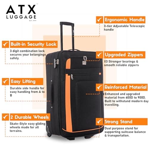 ATX Luggage Extra Large Suitcase 32" Expandable Durable Lightweight Suitcases with 2 Wheels and Built-in 3 Digit Combination Lock (Black/Orange, 134 Liters) — view 3