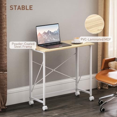 HOMCOM Small Folding Desk, 80 cm on Wheels for Small Space, Natural Tone — view 6