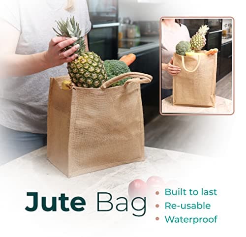 DIVCHI Eco-friendly 10 Pack Jute Shopper Bags with Handles - Reusable Tote Shopping & Storage Handbag Carrier for Picnic, Shopping, Beach & Gifts (46cm x 35cm x 18cm) — view 2