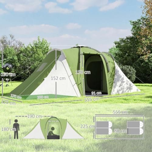 Outsunny 4 Man Tunnel Tent 2 Bedroom 555L x 225W x 190H cm Green and White — view 3