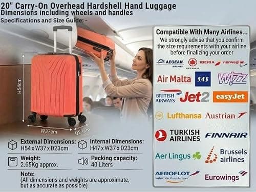 DK Luggage Carry-on 20” Cabin EasyJet, BA, Jet 2 Hard Shell Hand Luggage Approved Suitcase 4 Wheel Spinner Luggage ABS101 (Orange, 20" Cabin) — view 5
