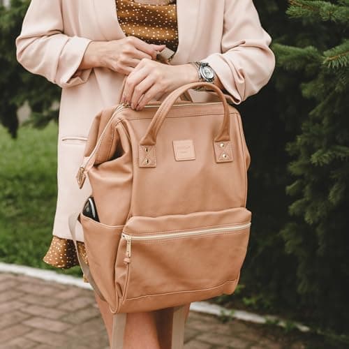 Kah&Kee Leather Laptop Backpack for Women, 14-15 Inch Professional Work Bag, Water-Resistant Vegan Leather Doctor Bag Backpack for Teacher, Nurse & Travel, Fits MacBook Pro 15 (Tan Pink,Medium) — view 6