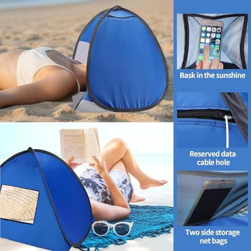 2-Piece Pop Up Mini Beach Tent Sun Shelter Set with Portable Storage Bag, Baby UV Protection and Dog Pet Sunshade, Headrest Shade for Beach, Foldable Instant Canopy Blue — view 4