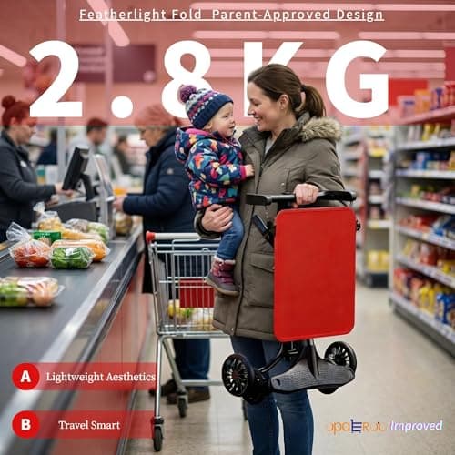 Lightweight Airplane Stroller, 2.8kg Instant Fold & Unfold Portable Pushchair, Cabin-Sized Compact Baby Stroller with Removable Cartoon Pad for Travel (0-4 Years), 4 Colors red — view 2