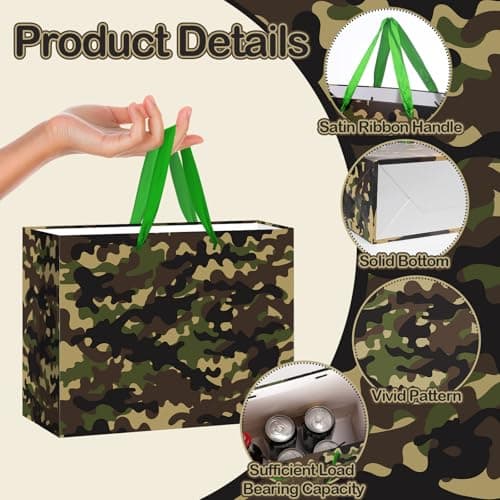 Camouflage Birthday Gift Bag with Card & 3 Sheets Green Tissue Paper, Army Military Theme Present Bag for Boys Men, Large Luxury Camo Wrap for Soldiers, Father's Day, Kids Party — view 2