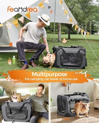 Feandrea Foldable Pet Carrier Bag, Portable Dog Travel Crate, Soft Sided Dog Cat Pet Travel Carrier Large Dog Crate for Car with Breathable Mesh and Storage Pockets, 60 x 42 x 42 cm, Grey PDC60GY — view 2