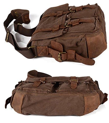 BW Vintage Military Men Canvas Bag - 14.5 inch Mens Vintage Casual Canvas Messenger Bag Men's Military Leather Canvas Travel Briefcase Crossbody Satchel Shoulder School Bag for Notebook Laptop (Brown) — view 4