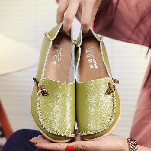 Women's Leather Loafers Comfortable Casual Round Toe Moccasins Driving Flat Loafers Soft Comfort Walking Shoes Women Slip On Flat Shoes Elastic Low Top Flats Mint Green — view 2