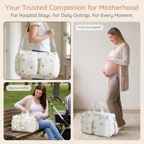 Quilted Duffle Bag for Women, Cotton Canvas Travel Duffel & Hospital Bag, Large Weekend Bag Maternity Nappy Bag, Carry On Holdall for Travel, Gym, Overnight Stays, Underseat Flight Bag - Bear Pattern — view 5