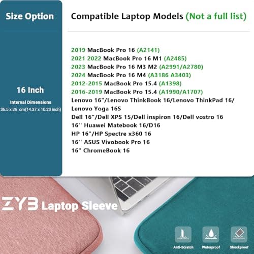 ZYB 16 Inch Laptop Sleeve Case,Shockproof Waterproof Notebook Case 16 Inch for 2021-2026 MacBook Pro 16 M5 M4 M3 M2 M1,16" Laptop Lenovo ThinkBook/IdeaPad HP Dell ASUS Acer Chromebook etc-Teal — view 2