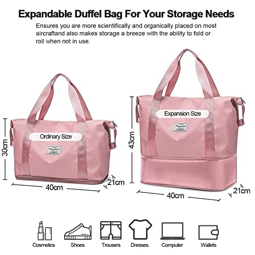 Weekend Bag for Women Overnight & Carry On Holdall Travel Bag - Waterproof Weekender Tote Expandable for Vacation, Gym, Sports, Shopping (36L Pink) — view 4