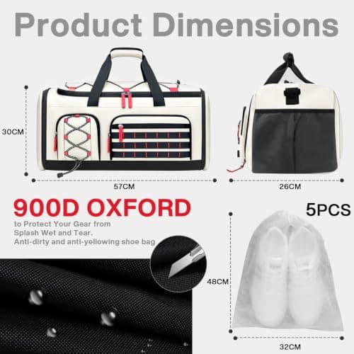35L Gym Bag with Shoe Compartment, Dry & Wet Separation Overnight Bag-White — view 6