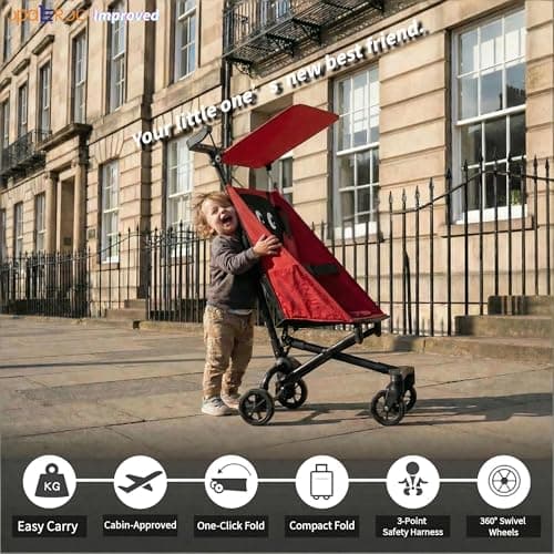 Lightweight Airplane Stroller, 2.8kg Instant Fold & Unfold Portable Pushchair, Cabin-Sized Compact Baby Stroller with Removable Cartoon Pad for Travel (0-4 Years), 4 Colors red — view 5