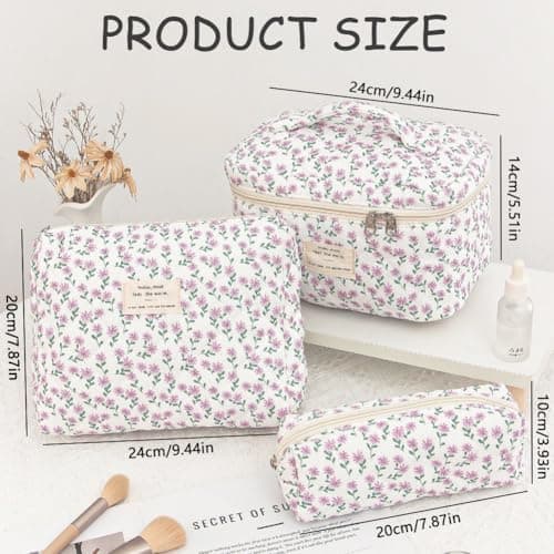 Aucuu 3PCS Coquette Makeup Bag, Quilted Makeup Bag for Women, Floral Cotton Cosmetic Bag Set, Large Capacity Aesthetic Floral Toiletry Bag, Travel Toiletry Bag, Wash Organizer Pouch for Women Girls — view 2