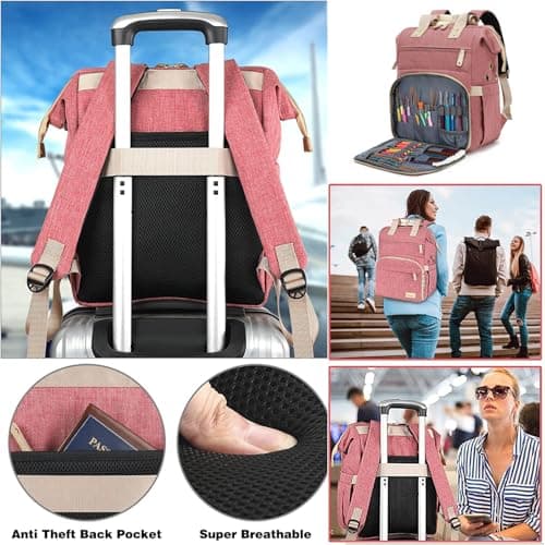 Knitting Bag Backpack, Yarn Storage Organizer Travel Crochet Bag with USB Charging Port, Large Capacity Tote Bag Yarn Holder Case for Carrying Projects, Knitting Needles, Crochet Hooks - Pink — view 5