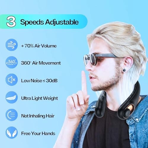 Neck Fan, Portable Bladeless Neck Fans with LED Display, 360° Airflow, 4000mAh Rechargeable Battery, Super Quiet Hands-Free Personal Wearable Fan for Indoor Outdoor, Jet-black — view 3