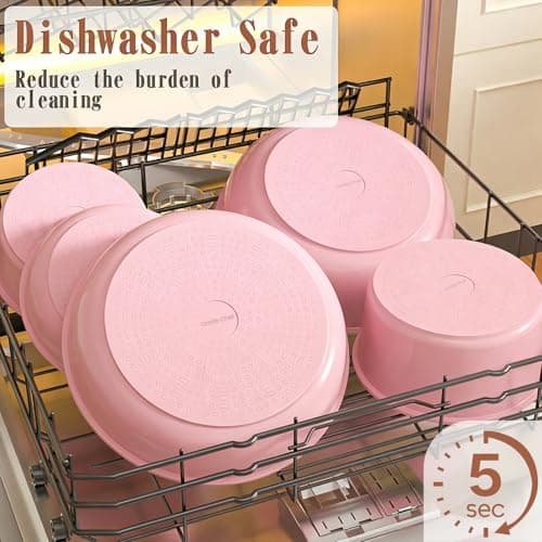 Umite Chef Pots and Pans Set Non Stick, 21 pcs Nonstick Ceramic Cookware Set, RV Kitchen Cooking Set with Detachable Handles, Oven Safe, Induction Cookware, Stackable, Pink, PFAS PFOA & PTFE Free — view 6